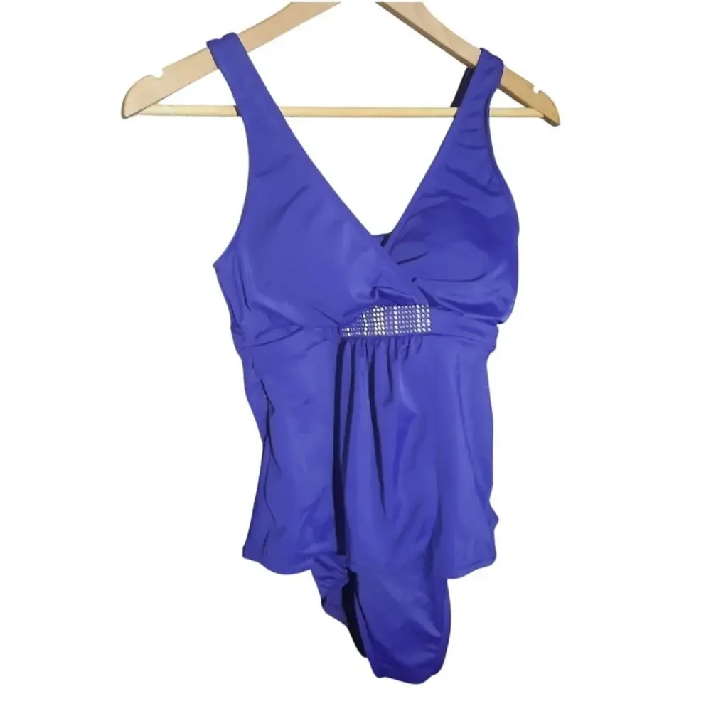 Trimshaper Tummy Control Purple V-Neck Swimsuit Rhinestone Embellished Size 8